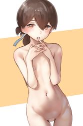 Rule 34 | 1girl, bandaid, bandaid on pussy, bandaids on nipples, blush, brown eyes, brown hair, commentary, finger to mouth, flat chest, folded ponytail, groin, hair between eyes, highres, kabayaki namazu, kantai collection, kasuga maru (kancolle), maebari, navel, pasties, ponytail, revision, simple background, solo, two-tone background