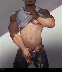 Rule 34 | 1boy, abs, bara, bare pectorals, bare shoulders, belt, black male underwear, briefs, bulge, clothes lift, denim, facial hair, goatee, head out of frame, jeans, leather belt, lifted by self, male focus, male pubic hair, male underwear, mature male, muscular, muscular male, navel, navel hair, nipple piercing, nipples, open belt, open pants, original, pants, pectorals, piercing, pubic hair, selkiro, shirt lift, short hair, solo, stomach, tank top, underwear, undressing, white tank top