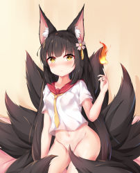 Rule 34 | 1girl, absurdres, animal ear fluff, animal ears, azur lane, black hair, blush, bottomless, breasts, brown background, brown eyes, closed mouth, commentary request, fire, flower, fox ears, groin, hair flower, hair ornament, hand up, highres, kitsune, kyuubi, long hair, multiple tails, nagato-chan, nagato (azur lane), navel, necktie, nose blush, pink flower, red sailor collar, sailor collar, school uniform, serafuku, shirt, short sleeves, small breasts, solo, tail, tail censor, v-shaped eyebrows, very long hair, white shirt, yellow eyes, yellow necktie
