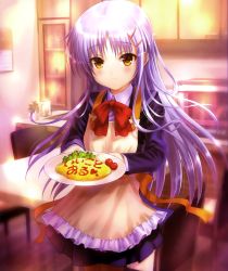 Rule 34 | 1girl, absurdres, angel beats!, apron, blazer, blush, bow, chair, charlotte (anime), cosplay, food, frilled apron, frills, goto p, hair ornament, hairclip, highres, indoors, jacket, long hair, long sleeves, omelet, omurice, otosaka ayumi, otosaka ayumi (cosplay), plate, school uniform, silver hair, smile, solo, standing, table, tenshi (angel beats!), tomato, very long hair, wing collar, yellow eyes