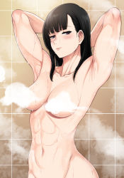 Rule 34 | 1girl, abs, breasts, censored, convenient censoring, en&#039;en no shouboutai, highres, maki oze, medium breasts, navel, censored nipples, nude, out-of-frame censoring, shower, solo, standing, steam, steam censor, tagme, wet, xter