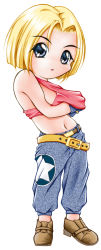 Rule 34 | 1girl, bare shoulders, belt, blonde hair, blue eyes, blue mary, breasts, chibi, denim, fatal fury, fingerless gloves, gloves, hand under clothes, jeans, large breasts, long image, midriff, multiple belts, navel, pants, short hair, shyue, sideboob, solo, tall image, tank top, the king of fighters