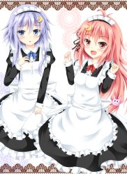 Rule 34 | 10s, 2girls, ahoge, apron, blue eyes, blush, bow, rabbit hair ornament, collar, crescent, crescent hair ornament, dress, frills, hair ornament, hair ribbon, hairclip, highres, kantai collection, long hair, looking at viewer, maid, maid apron, maid headdress, multiple girls, open mouth, pink hair, purple hair, red eyes, ribbon, uzuki (kancolle), yayoi (kancolle), yurasuku