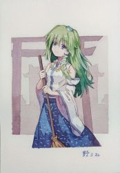 Rule 34 | 1546677594, 1girl, absurdres, architecture, bare shoulders, blue eyes, blue skirt, breasts, broom, closed mouth, collared shirt, dated, detached sleeves, east asian architecture, frog hair ornament, green hair, hair ornament, hair tubes, highres, holding, holding broom, jewelry, kochiya sanae, long hair, neck ring, outdoors, painting (medium), shirt, skirt, sleeveless, sleeveless shirt, small breasts, smile, snake hair ornament, solo, standing, torii, touhou, traditional media, watercolor (medium), white shirt, wide sleeves