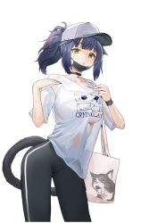 Rule 34 | 1girl, :o, absurdres, alternate costume, animal ear fluff, animal ears, arknights, bag, baseball cap, black choker, blue hair, blunt bangs, breasts, cat ears, cat girl, cat tail, choker, clothes writing, clothing cutout, collarbone, contrapposto, cowboy shot, cropped legs, crying cat (meme), doodle punch, fanning self, green eyes, hat, heavy breathing, highres, hot, jessica (arknights), looking at viewer, mask, mask pull, medium breasts, meme, meme attire, mouth mask, multicolored hair, no bra, pants, parted lips, red hair, see-through, shirt, short hair, short ponytail, short sleeves, shoulder bag, sidelocks, solo, sweat, sweatband, tail, tail through clothes, two-tone hair, underboob, wet, wet clothes, wet shirt, white hat, white shirt, yoga pants