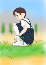 Rule 34 | 1girl, absurdres, blue skirt, blush, breasts, brown eyes, brown hair, from behind, gloves, grass, hair ornament, hairclip, highres, holding, holding grass, kneehighs, looking at viewer, looking back, neck ribbon, red ribbon, ribbon, school uniform, sexless2012, shirt, shoes, short hair, short sleeves, skirt, sky, small breasts, sneakers, socks, squatting, suspender skirt, suspenders, tree, white footwear, white gloves, white shirt, white socks