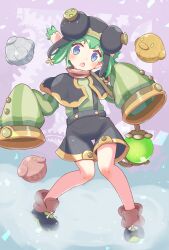 Rule 34 | 1girl, black capelet, black footwear, black shorts, blush, capelet, cork, covered horns, dot nose, double bun, eyelashes, full body, gears, green hair, green shirt, hair bun, highres, jazz grace, lamp, lidelle (puyopuyo), looking at viewer, mechanical bird, open mouth, pointy ears, puyopuyo, puyopuyo fever, puyopuyo quest, shirt, short hair, shorts, sleeves past fingers, sleeves past wrists, solo, standing, steam, steampunk, suspenders