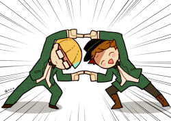 Rule 34 | 2boys, 73 (naa), black bow, black bowtie, black headwear, black pantyhose, blush stickers, bow, bowl cut, bowtie, brown footwear, brown hair, closed eyes, closed mouth, dragon ball, emphasis lines, freckles, fusion dance, glasses, green jacket, green pants, green shorts, jacket, jeff andonuts, male focus, mother (game), mother 2, multiple boys, nintendo, open mouth, pants, pantyhose, parody, shirt, shorts, tony (mother 2), white shirt