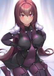 Rule 34 | 1girl, armor, blush, bodysuit, breasts, fate/grand order, fate (series), grabbing own breast, hair intakes, highres, large breasts, long hair, looking at viewer, looking up, pauldrons, pinta (ayashii bochi), purple bodysuit, purple hair, red eyes, scathach (fate), shoulder armor, sitting, smile, solo, very long hair, wariza