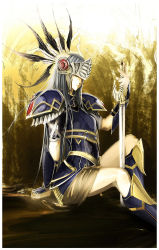 Rule 34 | 1girl, armor, armored dress, blue armor, breastplate, breasts, feathers, helmet, lenneth valkyrie, long hair, shoulder pads, silver hair, solo, sword, valkyrie, valkyrie profile (series), very long hair, weapon, winged helmet