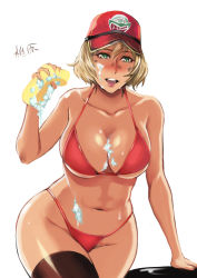 Rule 34 | 10s, 1girl, arm support, bikini, blonde hair, blush, breasts, cidney aurum, cleavage, collarbone, curvy, dirty, dirty face, final fantasy, final fantasy xv, green eyes, hat, highres, hip focus, large breasts, looking at viewer, navel, open mouth, shibusun, short hair, simple background, smile, soap, soap bubbles, solo, sponge, square enix, squeezing, stomach, swimsuit, thighhighs, thong bikini, underboob, wide hips