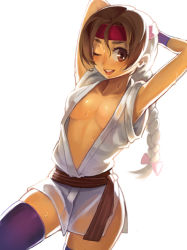 Rule 34 | 1girl, :d, armpits, arms behind head, arms up, backlighting, braid, breasts, brown eyes, brown hair, cleavage, dougi, jairou, long hair, no bra, no pants, one eye closed, open clothes, open mouth, ryuuko no ken, single braid, small breasts, smile, snk, solo, sweat, the king of fighters, thighhighs, wink, yuri sakazaki