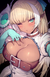 Rule 34 | 1girl, black background, blonde hair, blush, breasts, celia (tevi), cleavage, elbow gloves, fingerless gloves, gloves, hair ornament, haoni, heart, highres, large breasts, long hair, looking at viewer, multicolored hair, one eye closed, pointy ears, simple background, solo, streaked hair, tevi, white hair