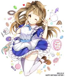 Rule 34 | 10s, 1girl, 2015, ;), bad id, bad pixiv id, ball, basketball, basketball (object), basketball hoop, brown hair, cake, candy, character name, cookie, dated, doughnut, english text, food, happy birthday, heart, long hair, looking at viewer, love live!, love live! school idol festival, love live! school idol project, macaron, minami kotori, one eye closed, puchipu, skirt, smile, solo, star (symbol), thighhighs, v, white background, white thighhighs, yellow eyes