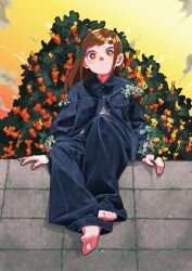 Rule 34 | 1girl, barefoot, blue jacket, blue pants, brown hair, bush, cloud, cloudy sky, commentary, dot mouth, dusk, flower, full body, gold osmanthus, highres, ico illust, jacket, looking at viewer, medium hair, open clothes, open jacket, original, oversized clothes, pants, red eyes, shirt, sky, solo, white shirt