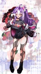 Rule 34 | 1girl, absurdres, ahoge, animal hood, black choker, black footwear, black gloves, black jacket, black shirt, blush, boots, braid, braided ponytail, breasts, choker, cleavage, eye print, fushi yohaku, gloves, grey eyes, hair over shoulder, heart, highres, holding, holding letter, hood, jacket, jared (michi mochievee), large breasts, letter, long hair, looking at viewer, michi mochievee, multicolored hair, one eye closed, open mouth, pantyhose, purple hair, rabbit hood, shirt, smile, stitched face, stitches, streaked hair, teeth, torn clothes, torn pantyhose, upper teeth only, virtual youtuber, vshojo, white hair