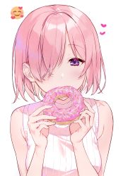 Rule 34 | 1girl, absurdres, alternate costume, bare shoulders, blush, breasts, doughnut, eating, emoji, fate/grand order, fate (series), fingernails, food, hair over one eye, hands up, highres, holding, holding food, kuroki (ma-na-tu), looking at viewer, mash kyrielight, medium breasts, pink hair, purple eyes, scan, short hair, simple background, sleeveless, solo, upper body, white background