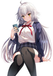 Rule 34 | 1girl, ahoge, alternate costume, bad id, bad twitter id, black thighhighs, blouse, blue jacket, blush, bow, breasts, buttons, cellphone, closed mouth, commentary request, contemporary, fate/grand order, fate (series), hair between eyes, harimoji, holding, holding phone, jacket, jeanne d&#039;arc (fate), jeanne d&#039;arc alter (avenger) (fate), jeanne d&#039;arc alter (fate), long hair, looking at viewer, miniskirt, open clothes, phone, pocket, red bow, shirt, silver hair, simple background, sitting, skirt, solo, thighhighs, very long hair, white background, white shirt, yellow eyes, zettai ryouiki