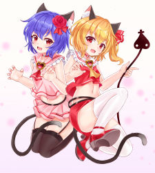 Rule 34 | 2girls, adapted costume, animal ear fluff, animal ears, ascot, bare arms, bare shoulders, black legwear, blonde hair, blue hair, breasts, brooch, cat ears, cat tail, child, choker, claw pose, commentary request, crop top, fang, flandre scarlet, flower, frilled shirt collar, frills, garter straps, gradient background, hair flower, hair ornament, hair ribbon, high heels, highres, jewelry, kemonomimi mode, laevatein, looking at viewer, midriff, miniskirt, multiple girls, navel, no headwear, one side up, pencil skirt, pink background, pink sailor collar, pink shirt, pink skirt, pleated skirt, red ascot, red choker, red eyes, red flower, red footwear, red ribbon, red rose, red skirt, red vest, remilia scarlet, ribbon, rose, sailor collar, seiza, shirt, short hair, siblings, sisters, sitting, skirt, skirt set, sleeveless, sleeveless shirt, small breasts, tail, thighhighs, thighs, touhou, vest, white background, white legwear, yangshangshu, yellow ascot, zettai ryouiki