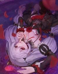 Rule 34 | 1girl, absurdres, artist name, bare shoulders, bat hair ornament, black dress, blackxyfaf, bleeding, blood, breasts, check commentary, chinese commentary, cleavage, commentary, commentary request, detached sleeves, dress, earrings, flower, grey hair, hair between eyes, hair ornament, hair spread out, highres, honkai (series), honkai impact 3rd, jewelry, large breasts, long hair, long sleeves, looking at viewer, lying, moon, on back, petals, purple theme, red eyes, red flower, red moon, red rose, revision, ring, rose, signature, solo, theresa apocalypse, theresa apocalypse (luna kindred), theresa apocalypse (lunar vow: crimson love), thighhighs, torn clothes, torn thighhighs, upside-down, vampire