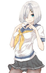 Rule 34 | 1girl, black pantyhose, black skirt, blue eyes, blue sailor collar, breasts, closed mouth, hair ornament, hair over one eye, hairclip, hamakaze (kancolle), heart, heart hands, kantai collection, looking at viewer, medium breasts, neckerchief, neve (morris-minicooper), pantyhose, pleated skirt, sailor collar, school uniform, serafuku, short hair, short sleeves, silver hair, simple background, skirt, solo, white background, yellow neckerchief