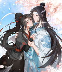Rule 34 | 2boys, artist name, bishounen, black hair, blue sash, blue sky, blush, branch, brown eyes, cherry blossoms, chinese clothes, closed mouth, commentary request, dated, day, expressionless, flower, hair between eyes, hair bun, hair ribbon, hands up, hanfu, headband, high ponytail, holding another&#039;s wrist, lan wangji, lens flare, light particles, long hair, long sleeves, looking at another, male focus, modao zushi, mouth hold, multiple boys, muse (rainforest), outdoors, parted bangs, petals, pink flower, ponytail, red eyes, red ribbon, ribbon, robe, sash, short sleeves, sidelocks, single hair bun, sky, smile, standing, tassel, tree, twitter username, very long hair, watermark, wei wuxian, white headband, white ribbon, white robe, white sash, wide sleeves, xiao guan (headdress), yaoi