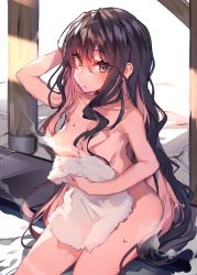 Rule 34 | 1girl, arm up, blush, breasts, brown eyes, brown hair, convenient censoring, covering privates, hair between eyes, highres, kantai collection, long hair, medium breasts, multicolored hair, naganami (kancolle), naked towel, nude cover, outdoors, parted lips, pink hair, sitting, solo, soukou makura, steam, steam censor, towel, two-tone hair, very long hair, wet, wet hair