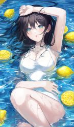 Rule 34 | 1girl, absurdres, aqua eyes, armpits, bare shoulders, black hair, blush, breasts, cleavage, food, fruit, gongha, hand up, highres, large breasts, lemon, long hair, looking at viewer, on water, one-piece swimsuit, open mouth, original, outdoors, partially submerged, solo, swimsuit, water, white one-piece swimsuit