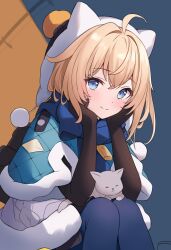 Rule 34 | 1girl, ahoge, animal, animal ear hood, animal on lap, black gloves, blonde hair, blue capelet, blue eyes, blue pantyhose, blue scarf, blurry, blurry background, capelet, cat, closed mouth, commentary, dot nose, elbow gloves, fake animal ears, fur-trimmed capelet, fur trim, gloves, grey cat, hair between eyes, hands on own face, head rest, highres, hitsukuya, honkai: star rail, honkai (series), hood, looking at viewer, lynx landau, on lap, pantyhose, pom pom (clothes), scarf, simple background, sitting, smile, split mouth, symbol-only commentary, unfinished