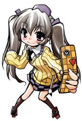 Rule 34 | 1girl, akou roushi, alternate costume, blush, brown hair, cellphone, checkered clothes, checkered skirt, female focus, hat, himekaidou hatate, phone, red eyes, ribbed sweater, skirt, smile, solo, sweater, tokin hat, touhou, twintails