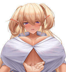 Rule 34 | 1girl, anger vein, assisted exposure, blonde hair, blush, breasts, button gap, cleavage, dark elven forest ranger, elf, frown, hair between eyes, heart, heart-shaped pupils, highres, huge breasts, last origin, lazb., long hair, no bra, open mouth, paizuri invitation, pointy ears, pov, pov hands, purple eyes, shirt, short twintails, simple background, solo focus, sweat, symbol-shaped pupils, twintails, very long hair, white background, white shirt
