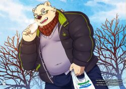 Rule 34 | 1boy, alternate costume, animal ears, bag, bara, bare tree, bear boy, bear ears, belly, blue sky, bulge, covered navel, cowboy shot, daisukebear, dutch angle, eating, familymart, fat, fat man, food request, forked eyebrows, furry, furry male, glasses, jacket, leib (housamo), male focus, mature male, open clothes, open jacket, paid reward available, pants, pectorals, plastic bag, purple sweater, red scarf, scarf, short hair, sideburns, sky, smile, snow, solo, sweater, thick eyebrows, tokyo houkago summoners, tree, winter clothes