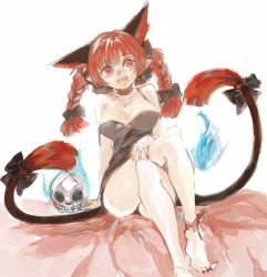 Rule 34 | 1girl, animal ears, black bow, black dress, black ribbon, bow, braid, breasts, cat ears, cat tail, commentary request, dress, extra ears, hair bow, hitodama, kaenbyou rin, konabetate, large breasts, leg ribbon, medium hair, multiple tails, nail polish, nekomata, off shoulder, on bed, open mouth, purple eyes, red hair, red nails, ribbon, simple background, sitting, skull, solo, tail, tail bow, tail ornament, teeth, toenail polish, toenails, touhou, twin braids, upper teeth only, white background