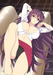 Rule 34 | 1girl, arm behind head, bare hips, bare legs, barefoot, black panties, cleavage cutout, breasts, cleavage, clothes lift, couch, feet, feet out of frame, glasses, hair ribbon, highres, knee up, large breasts, legs, long hair, looking at viewer, lying, miniskirt, murasaki (senran kagura), office lady, open clothes, open shirt, panties, pantyshot, purple eyes, purple hair, revealing clothes, ribbon, senran kagura, sexually suggestive, skirt, skirt lift, solo, thick thighs, thighs, underboob, underwear