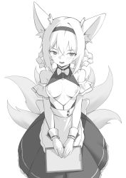 Rule 34 | 1girl, absurdres, alternate costume, animal ears, arknights, blush, bow, bowtie, braid, breasts, breasts out, clipboard, dress, enmaided, fox ears, fox girl, fox tail, greyscale, hair between eyes, hairband, highres, holding, holding clipboard, ke&#039;ai qu qu, kitsune, long hair, looking at viewer, maid, monochrome, multiple tails, nipple slip, nipples, open clothes, open dress, open mouth, pleated dress, simple background, small breasts, solo, suzuran (arknights), tail, white background, wrist cuffs