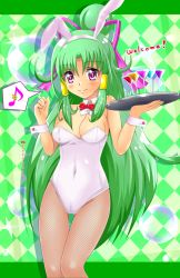 Rule 34 | 1girl, animal ears, argyle, argyle background, argyle clothes, bow, bowtie, breasts, cleavage, cure empress, detached collar, dokidoki! precure, english text, fake animal ears, fishnet pantyhose, fishnets, glass, green background, green hair, hair tubes, highres, leotard, long hair, medium breasts, musical note, pantyhose, pink bow, playboy bunny, ponytail, precure, purple eyes, rabbit ears, ribbon, shiguko, sidelocks, smile, solo, tray, white leotard, wrist cuffs