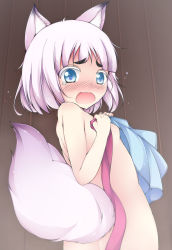 Rule 34 | 10s, 1girl, animal ear fluff, animal ears, blue eyes, blush, chiyami, colored eyelashes, covering privates, fox ears, fox tail, from behind, highres, kon (tokyo ravens), looking back, nude, open mouth, petite, short hair, silver hair, solo, tail, tears, tokyo ravens, colored eyelashes
