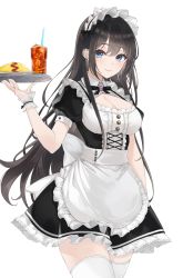 Rule 34 | 1girl, absurdres, apron, black hair, blue eyes, breasts, cleavage, cleavage cutout, clothing cutout, cup, dress, drinking glass, food, frilled dress, frills, highres, lebring, looking at viewer, maid, maid apron, maid headdress, medium breasts, omelet, omurice, original, puffy short sleeves, puffy sleeves, short sleeves, simple background, smile, solo, thighhighs, thighs, tray, white background, white thighhighs