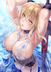 Rule 34 | 1girl, armpits, artoria pendragon (all), artoria pendragon (fate), artoria pendragon (lancer alter) (fate), artoria pendragon (lancer alter) (fate) (cosplay), artoria pendragon (lancer alter) (royal icing) (fate), artoria pendragon (lancer alter) (royal icing) (fate) (cosplay), babydoll, bare shoulders, black panties, blonde hair, blush, breasts, choker, cleavage, cosplay, craft essence (fate), excalibur morgan (fate), fate/stay night, fate (series), garter belt, gloves, highres, hirasawa seiji, holding, holding sword, holding weapon, jewelry, large breasts, lingerie, long hair, looking at viewer, necklace, official alternate costume, panties, revealing clothes, saber alter, see-through, signature, solo, sword, thighhighs, underwear, wading, weapon, yellow eyes