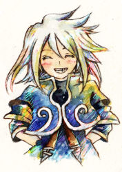 Rule 34 | 00s, 1boy, blush, closed eyes, genius sage, grin, hands on own hips, male focus, short hair, silver hair, smile, solo, tales of (series), tales of symphonia, white background