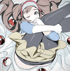 Rule 34 | 10s, 1girl, bad id, bad pixiv id, bed sheet, black pantyhose, blue eyes, brown hair, clothes pull, creatures (company), double bun, doughnut hair bun, game freak, hair bun, highres, knees to chest, leg hold, legs together, legs up, long hair, looking at viewer, lying, muted color, nintendo, no panties, on back, one eye closed, pantyhose, pantyhose pull, poke ball, poke ball (basic), pokemon, pokemon bw2, raglan sleeves, rosa (pokemon), shorts, shorts pull, skirt, skirt pull, solo, tokiya, twintails, visor cap, wink