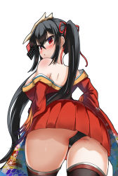 Rule 34 | 1girl, arched back, ass, azur lane, bad id, bad pixiv id, bare shoulders, black hair, black panties, black thighhighs, blush, breasts, derivative work, feathers, floral print, from behind, from below, hair between eyes, hair ribbon, highres, japanese clothes, kimono, kimono skirt, large breasts, long hair, long sleeves, looking at viewer, looking back, nape, obi, off shoulder, panties, pantyshot, parted lips, pleated skirt, red eyes, red kimono, red ribbon, ribbon, sash, sidelocks, simple background, skirt, solo, standing, striped ribbon, sy 1755, taihou (azur lane), thighhighs, thighs, twintails, underwear, very long hair, very long sleeves, white background