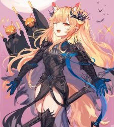 Rule 34 | 1girl, 2others, ambiguous gender, animal ears, arknights, bat (animal), black footwear, black gloves, black shirt, blemishine (arknights), blemishine (moon catastrborn) (arknights), blonde hair, boots, commentary, cowboy shot, extra ears, fangs, gloves, hair ornament, halloween costume, highres, horse ears, horse girl, horse tail, long hair, long sleeves, moon, multiple others, official alternate costume, one eye closed, open mouth, pelvic curtain, pink background, red eyes, shirt, solo focus, spacelongcat, tail, teeth, thigh boots, thighhighs, thighs, upper teeth only