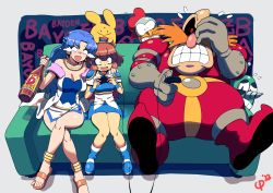 Rule 34 | 2girls, absurdres, adventures of sonic the hedgehog, arle nadja, artist name, blue hair, blush, bottle, brown hair, carbuncle (puyopuyo), chilidog (lumchan777), controller, couch, crossover, dr. eggman, dr robotnik&#039;s mean bean machine, game controller, grounder, highres, holding, holding bottle, holding controller, crossed legs, madou monogatari, multiple girls, open mouth, playing games, puyopuyo, rulue (puyopuyo), scratch (sonic), sega, smile, sonic (series), surprised, sweat, teeth
