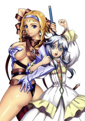 Rule 34 | 1boy, 1girl, absurdres, armor, ass, blonde hair, blue eyes, braid, breasts, buckle, cleavage, dress, eiwa, elbow gloves, fiotiel shalaklard, gauntlets, gloves, grey hair, hairband, highres, holding, holding sword, holding weapon, huge ass, leina (queen&#039;s blade), open mouth, queen&#039;s blade, revealing clothes, short hair, skindentation, sword, thong, trap, twin braids, weapon, wide hips