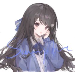Rule 34 | 1girl, black eyes, black hair, blue bow, blue bowtie, blue jacket, blue sleeves, bow, bowtie, bu jie cha, buttons, chinese commentary, clenched hand, collared shirt, commentary request, eyelashes, hair bow, hair ornament, hairclip, hand on own cheek, hand on own face, highres, jacket, light smile, long hair, long sleeves, open clothes, open jacket, open mouth, original, puffy long sleeves, puffy sleeves, sample watermark, school uniform, shirt, simple background, single stripe, solo, striped, striped bow, sweater jacket, upper body, very long hair, watermark, weibo logo, weibo watermark, white background, white shirt