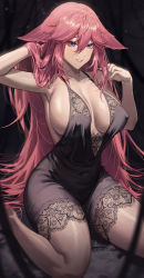 1girl absurdres blush breasts commentary_request covered_erect_nipples covered_navel cozyu fingernails genshin_impact hands_up highres japanese_clothes large_breasts lips long_hair looking_at_viewer miko nightgown parted_lips pink_hair purple_eyes shiny_skin simple_background sitting wariza yae_miko