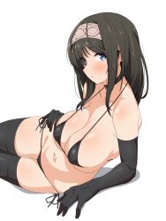 1girl absurdres bare_shoulders bikini black_bikini black_gloves black_hair black_thighhighs blue_eyes blush breasts choker cleavage collarbone elbow_gloves gloves hairband highres idolmaster idolmaster_cinderella_girls large_breasts long_hair looking_at_viewer micro_bikini navel sagisawa_fumika seihekiog solo swimsuit thighhighs thighs white_background