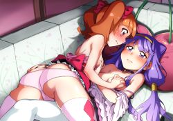 Rule 34 | 10s, 2girls, aisaki emiru, bare shoulders, blush, bow, grabbing another&#039;s breast, breasts, closed mouth, cone hair bun, couch, girl on top, grabbing, hair bow, hair bun, hairband, hayashi keita, highres, hugtto! precure, long hair, looking at another, low twintails, lying, medium breasts, multiple girls, on back, orange hair, panties, pillow, pink legwear, pink panties, precure, purple eyes, purple hair, ruru amour, short hair, skindentation, twintails, underwear, wavy mouth, yellow hairband, yuri