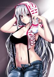 Rule 34 | 1girl, adapted costume, armpits, black bra, bra, breasts, carton, casual, cleavage, contemporary, denim, drying, drying hair, expressionless, female focus, fujiwara no mokou, groin, highres, hip focus, jeans, large breasts, lingerie, long hair, looking at viewer, milk, milk carton, navel, pants, red eyes, red hair, satou samu, silver hair, solo, standing, straight hair, suspenders, touhou, towel, towel around neck, towel on head, unbuttoned, underwear, unzipped, very long hair